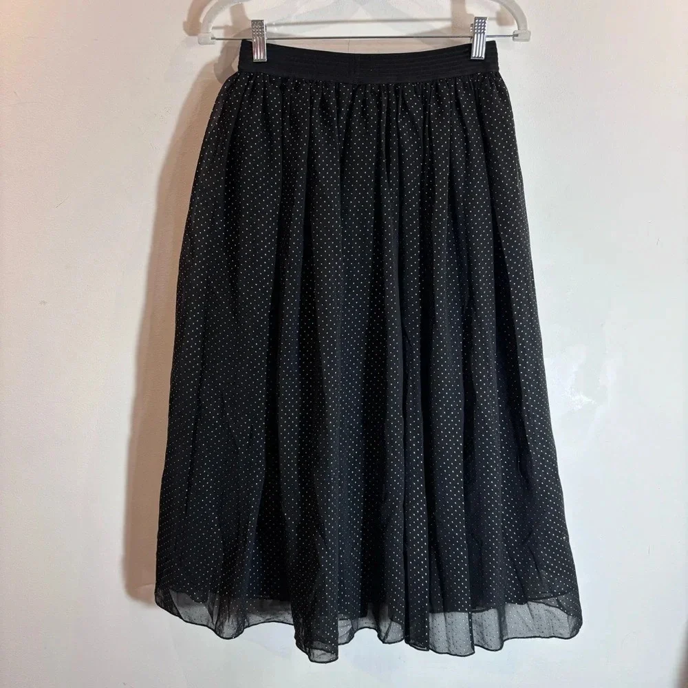 EVER NEW Sz 2 Gathered Elastic Waist Sheer Lined Gold  Polka Dot Midi Skirt NEW - Picture 9 of 12